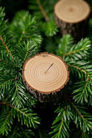 Close up of a stump section between pine branchesの素材
