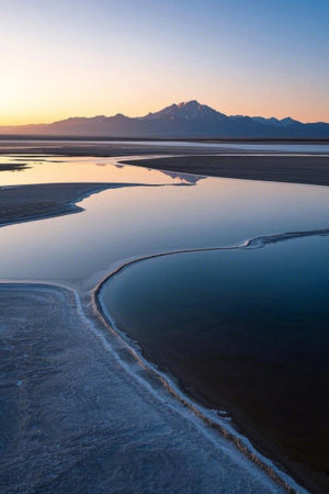 Natural landscape of lakes and distant mountainsの素材