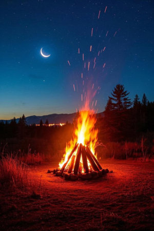 Bonfire and crescent moon landscape under the night skyの素材