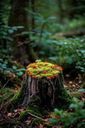Tree stumps covered with moss and plants in the forestの素材