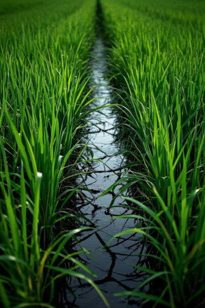 Green rice in the field and irrigation canalsの素材