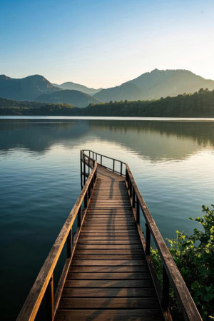 Lakeside wooden trestle natural sceneryの素材