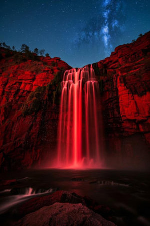 Waterfall landscape illuminated by red lights under the night skyの素材