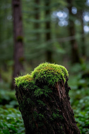 Green moss growing on tree stumps in the forestの素材