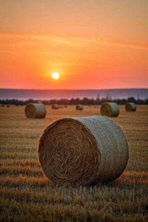 Hayroll landscape in the sunset over the fieldsの素材