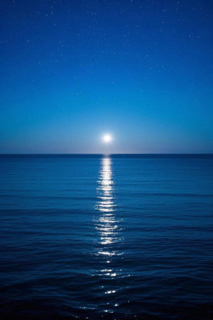 A tranquil ocean scene on a moonlit nightの素材