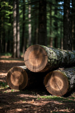 Log materials piled in the forestの素材