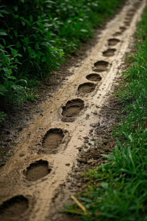 Clear footprints on the country dirt roadの素材