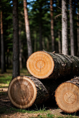 Logs piled in the forestの素材