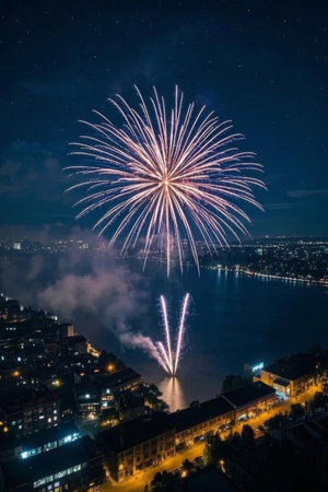 Brilliant fireworks blooming in the city night skyの素材