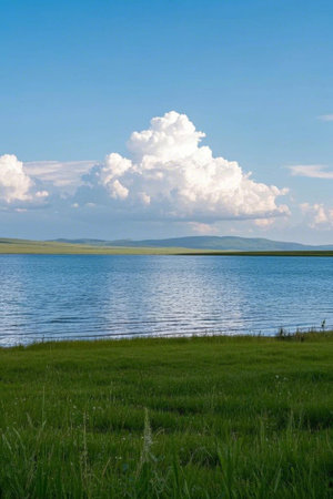 Grassland lake blue sky and white clouds landscapeの素材