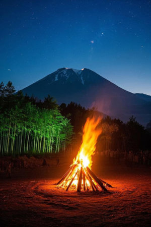 View of Mount Fuji by the bonfire at nightの素材