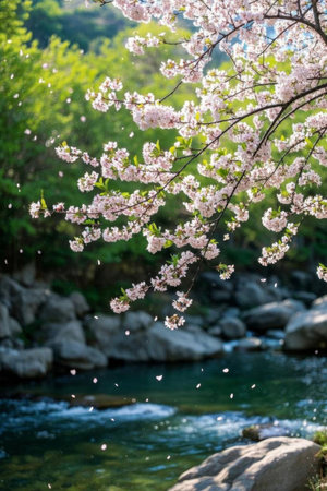 Blooming cherry blossoms by the streamの素材