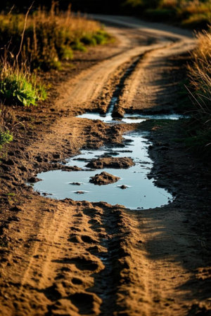Outdoor muddy roads and waterlogged landscapesの素材