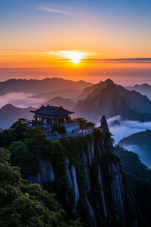 The natural scenery of sunrise over the ancient buildings on the top of the mountainの素材