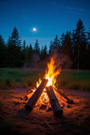 Bonfires and bright moons in the forest at nightの素材