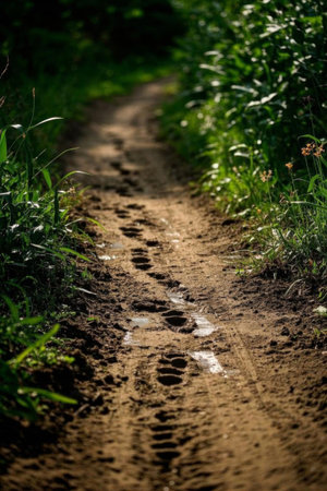 Footprints on the forest dirt pathの素材