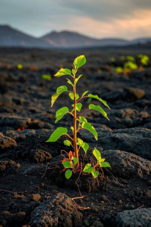 Green seedlings on black soilの素材