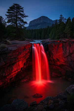 Red waterfall natural scenery at nightの素材