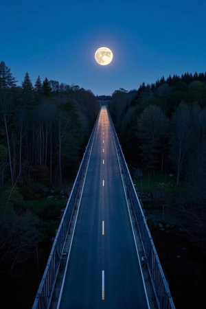 Forest road scene under the moonlit nightの素材