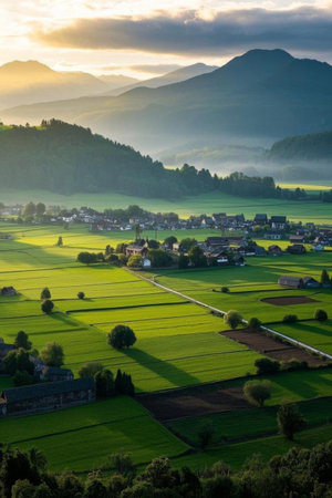 Panoramic view of sunrise over rural fieldsの素材