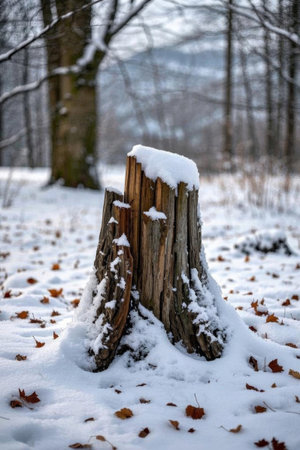 Stumps and woods with snow in the snowの素材