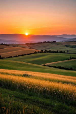 Pastoral sunset field sceneryの素材