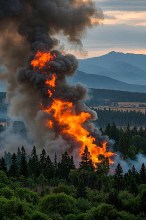 Thick smoke billows from wildfires in the mountainsの素材
