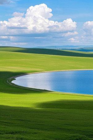 Grassland lake blue sky and white clouds landscapeの素材