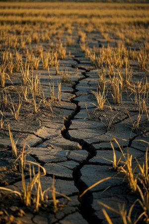Cracked ground and sparse vegetation on arid landの素材