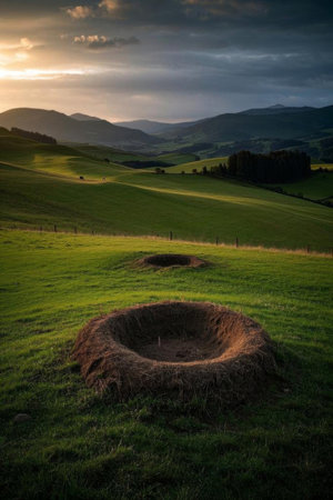 Grassland dusk view and earth pit viewの素材