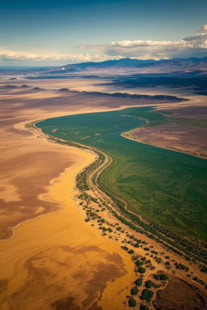 Aerial photography of the landscape at the junction of desert and oasisの素材