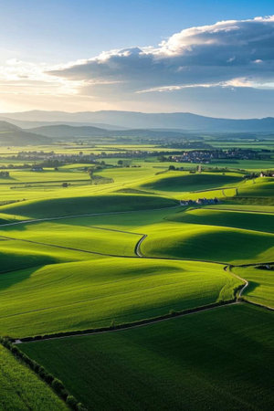 Aerial photography of green fields and distant villagesの素材