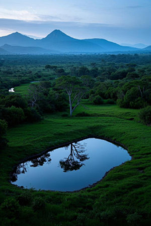 Grassland lakes and distant mountains natural landscapeの素材