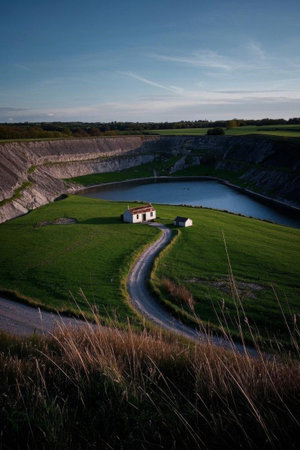 Pastoral lakeside cabin and winding path landscapeの素材