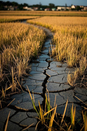 Field trails in dry cracked rice fieldsの素材