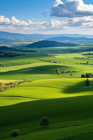 Panoramic view of natural scenery in green fieldsの素材