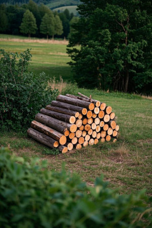 Logs piled on outdoor grassの素材