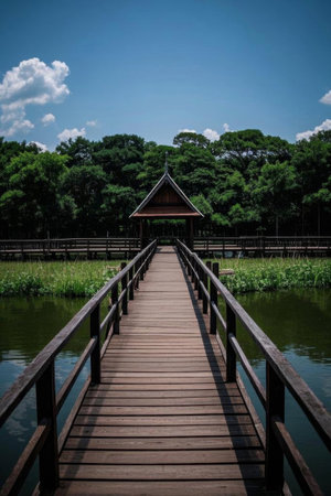 The scenery of the wooden bridge by the lake and the pavilion in the distanceの素材