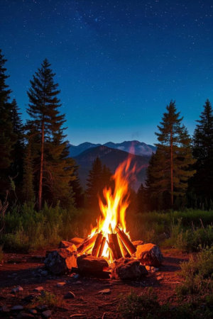Campfire scene at night in the mountainsの素材
