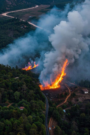 A bird's eye view of a wildfire burning in the mountainsの素材