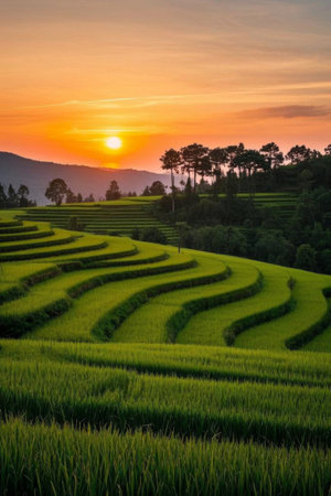 Green terraced fields at sunsetの素材