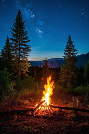 Bonfire scene under the stars in the forestの素材