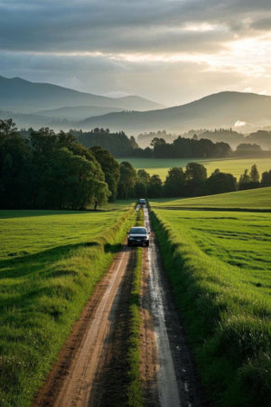 Cars driving on the road between fieldsの素材