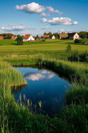 Tranquil pond landscape beside a rural meadowの素材