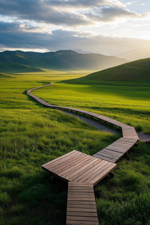 Winding wooden trails on the grasslandの素材
