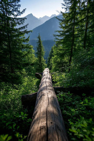 Dead trees lying in the forest and mountains in the distanceの素材