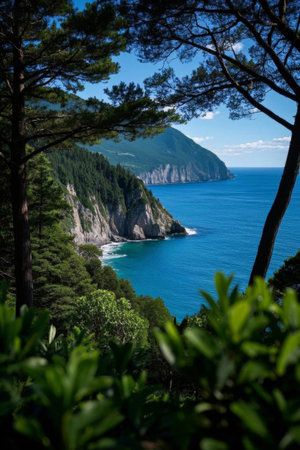 Overlooking the blue coast from the mountainsの素材