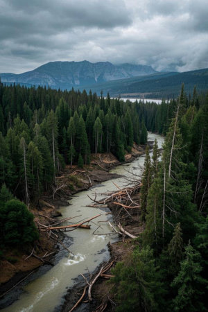 Forest river and distant mountain landscapeの素材