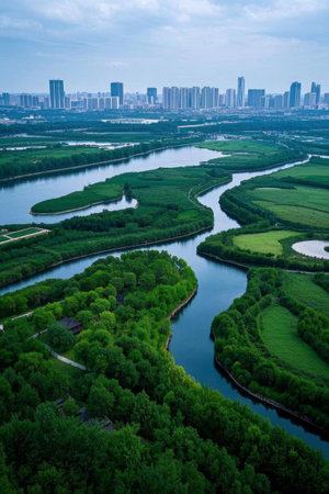 Aerial view of the city's riverside green spaceの素材